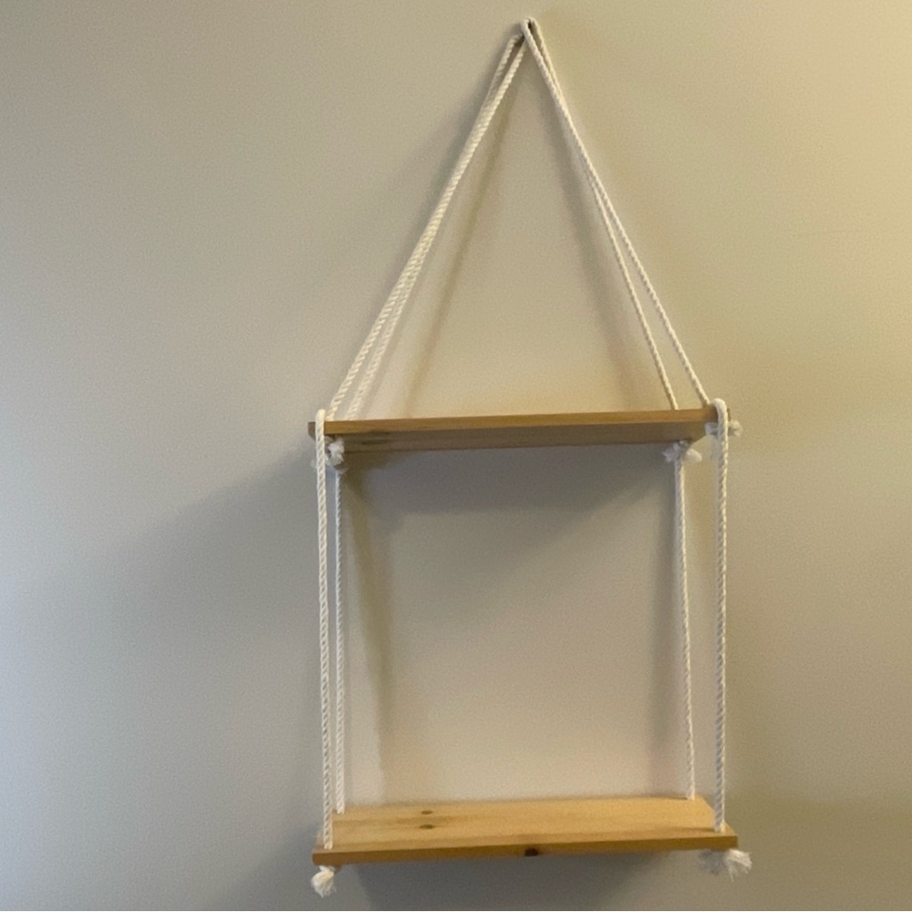 Bohemian Wooden Hanging Shelf with White Rope